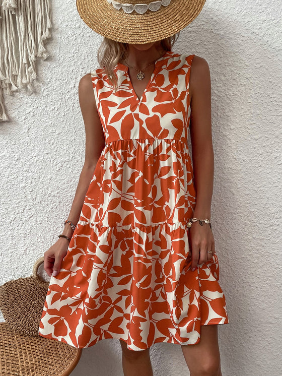 VCAY Allover Plant Print Notch Neck Ruffle Hem Dress