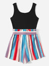 Notched Neck Block Stripe Belted Tank Romper