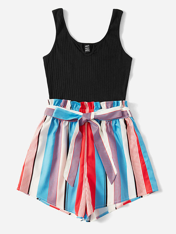 Notched Neck Block Stripe Belted Tank Romper