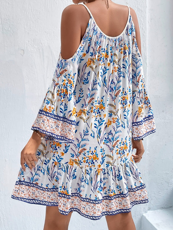 Floral Print Cold Shoulder Tassel Knot Front Ruffle Hem Dress