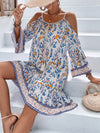 Floral Print Cold Shoulder Tassel Knot Front Ruffle Hem Dress