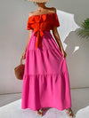 VCAY Two Tone Off Shoulder Ruffle Trim Belted Maxi Dress