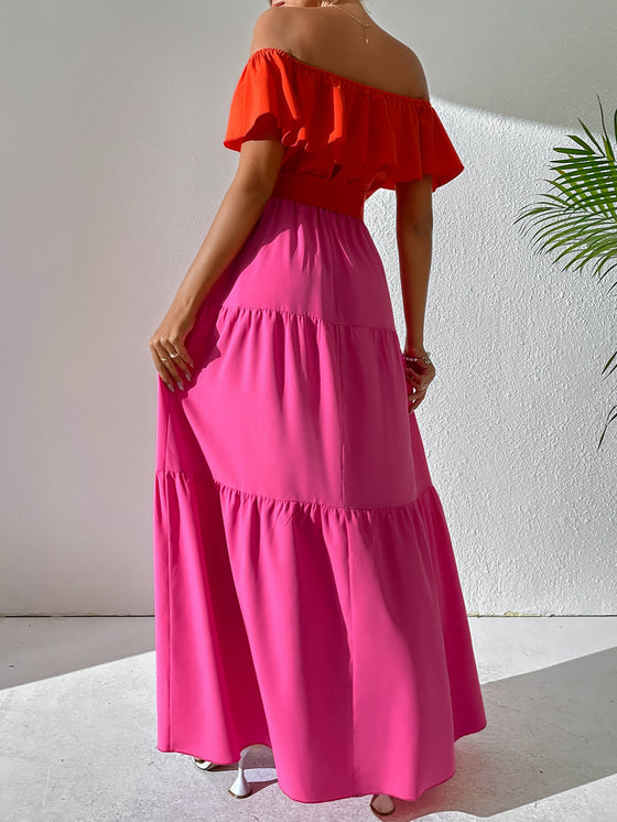 VCAY Two Tone Off Shoulder Ruffle Trim Belted Maxi Dress