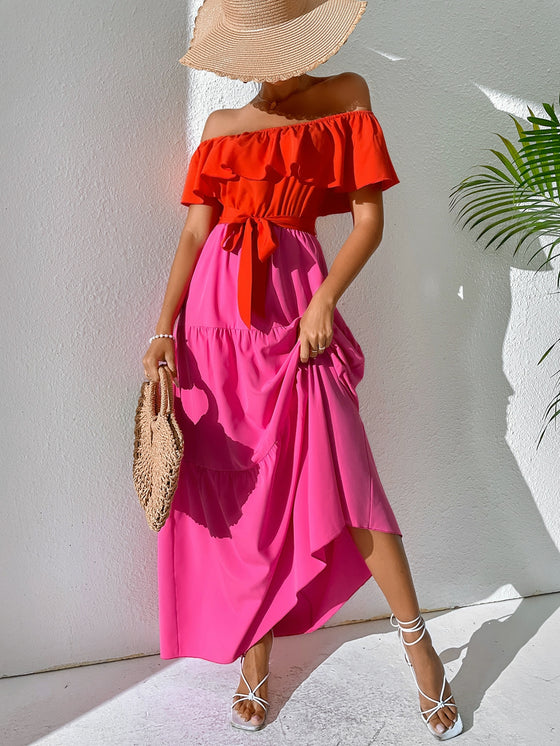 VCAY Two Tone Off Shoulder Ruffle Trim Belted Maxi Dress