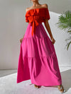 VCAY Two Tone Off Shoulder Ruffle Trim Belted Maxi Dress