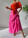 VCAY Two Tone Off Shoulder Ruffle Trim Belted Maxi Dress