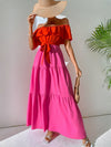 VCAY Two Tone Off Shoulder Ruffle Trim Belted Maxi Dress