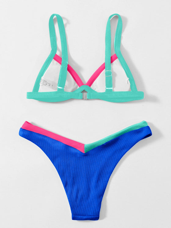 Color Block Trim Triangle High Cut Bikini Swimsuit