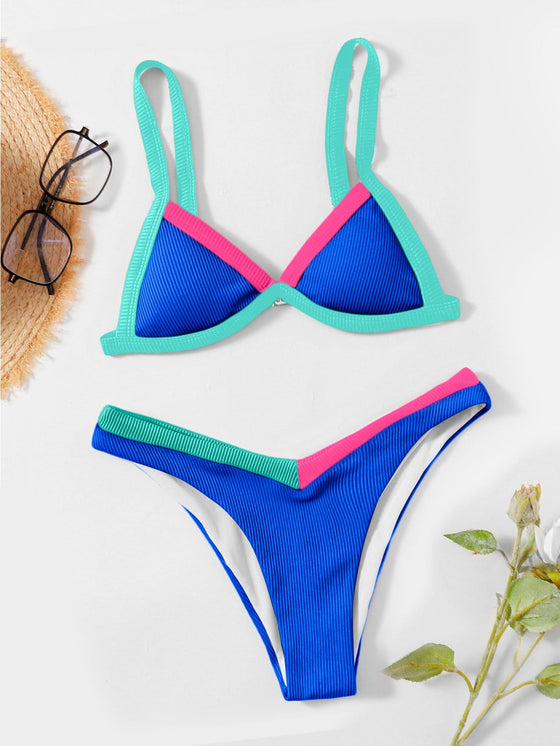 Color Block Trim Triangle High Cut Bikini Swimsuit