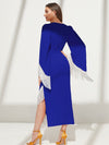 Modely Fringe Trim Asymmetrical Hem Belted Dress