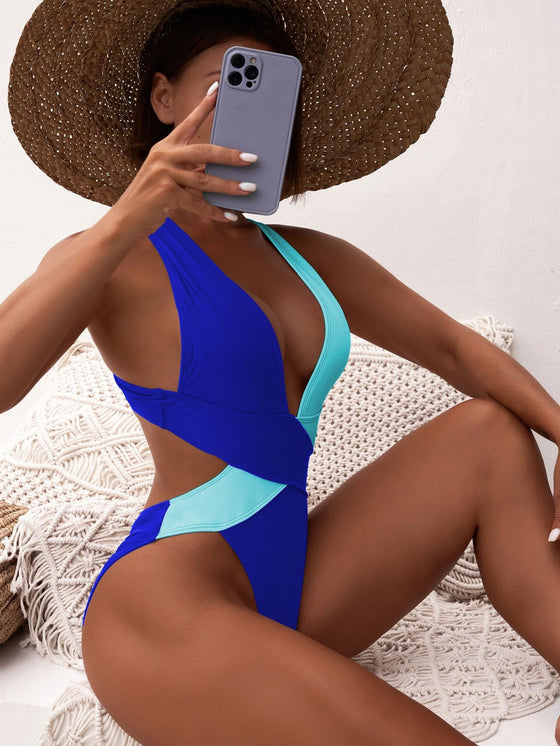 Color Block Cross Ruched One Piece Swimsuit