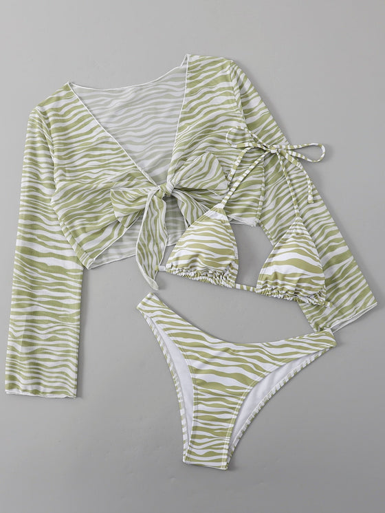 3pack Zebra Stripe Triangle Bikini Swimsuit Kimono