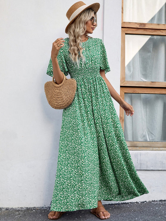 Ditsy Floral Print Keyhole Back Shirred Waist Dress