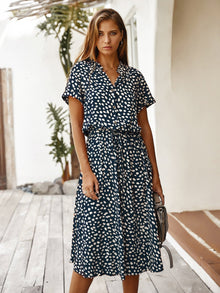  Dalmatian Print Drawstring Waist A line Dress