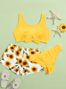  Girls 3pack Sunflower Print Bikini Swimsuit With Beach Shorts