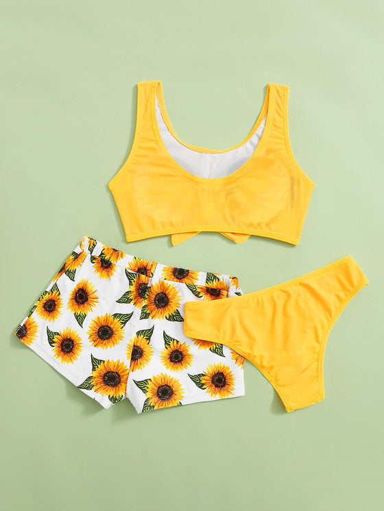 Girls 3pack Sunflower Print Bikini Swimsuit With Beach Shorts