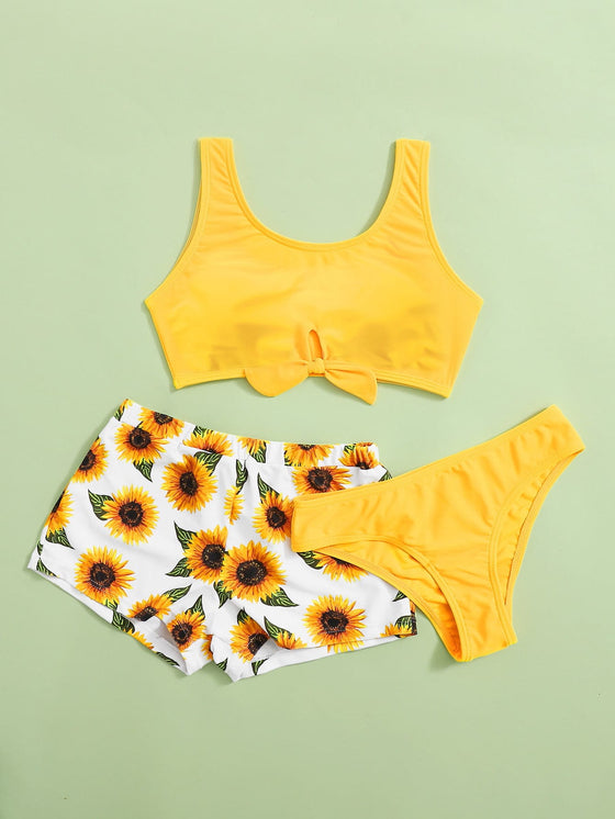 Girls 3pack Sunflower Print Bikini Swimsuit With Beach Shorts