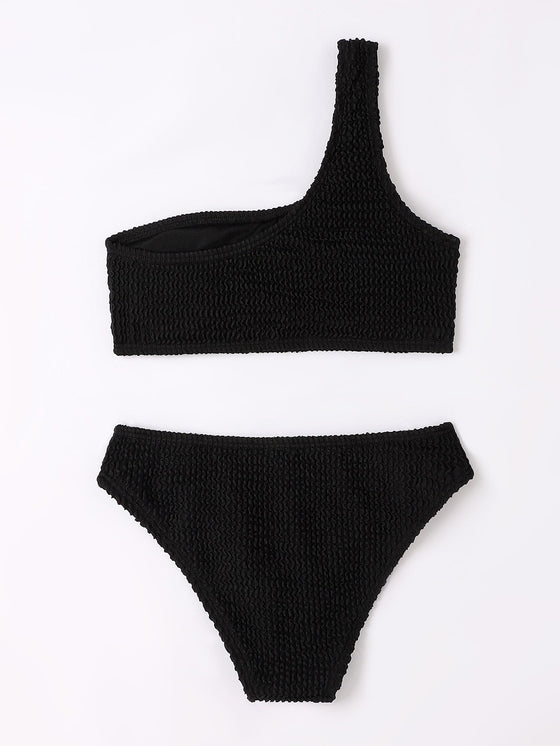 Girls Plain Textured One Shoulder Bikini Swimsuit