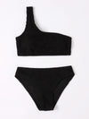 Girls Plain Textured One Shoulder Bikini Swimsuit