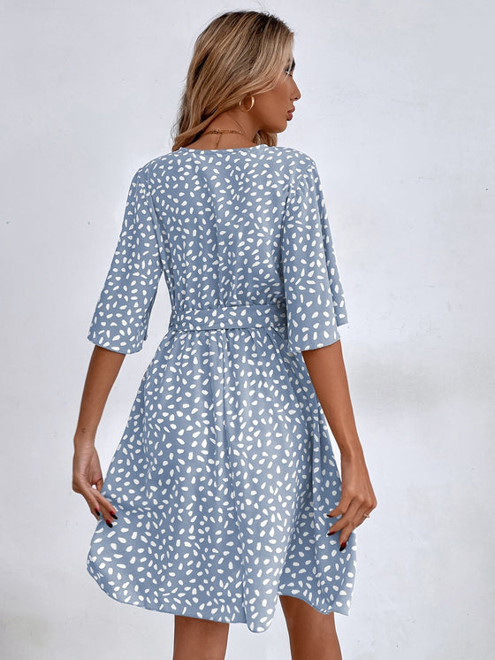 Allover Print Butterfly Sleeve Belted Dress