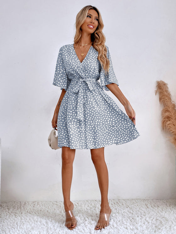 Allover Print Butterfly Sleeve Belted Dress