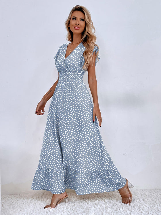 Allover Print Ruffle Trim Shirred Waist Dress