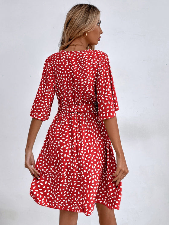 Allover Print Butterfly Sleeve Belted Dress