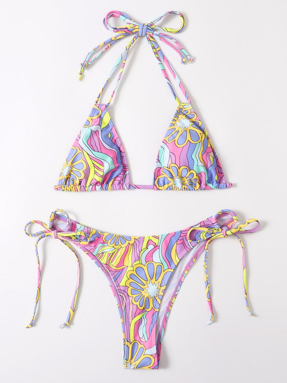 Floral Print Halter Triangle Tie Side Bikini Swimsuit