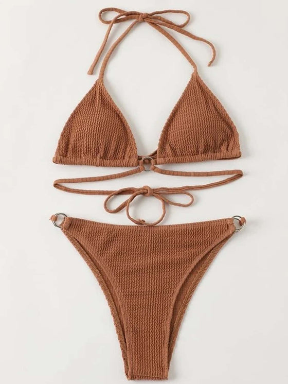 Solid Rib Triangle Bikini Swimsuit