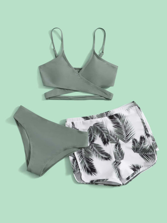 Teen Girls Plant Print Wrap Bikini Swimsuit With Beach Shorts