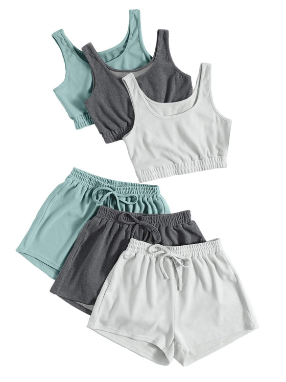 3sets Solid Tank Top Tie Waist Shorts Lounge Set