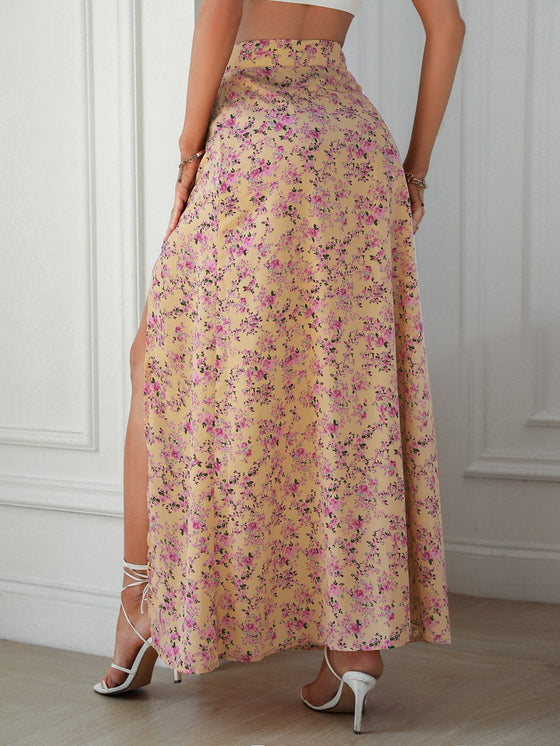 High Waist Floral Print Slit Skirt