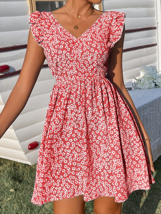 Frenchy Ditsy Floral Backless Knot Ruffle Trim Dress