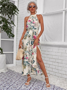  Botanical Print High Split Hem Self Belted Halter Dress