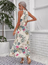 Botanical Print High Split Hem Self Belted Halter Dress