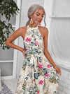 Botanical Print High Split Hem Self Belted Halter Dress