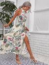 Botanical Print High Split Hem Self Belted Halter Dress