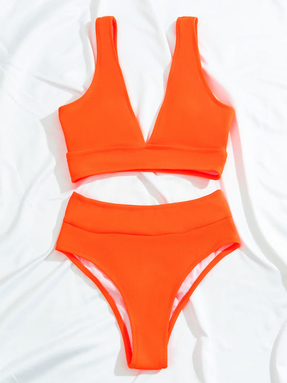 Rib V Neck High Waisted Bikini Swimsuit