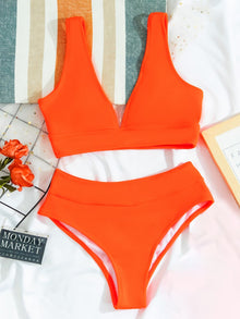  Rib V Neck High Waisted Bikini Swimsuit