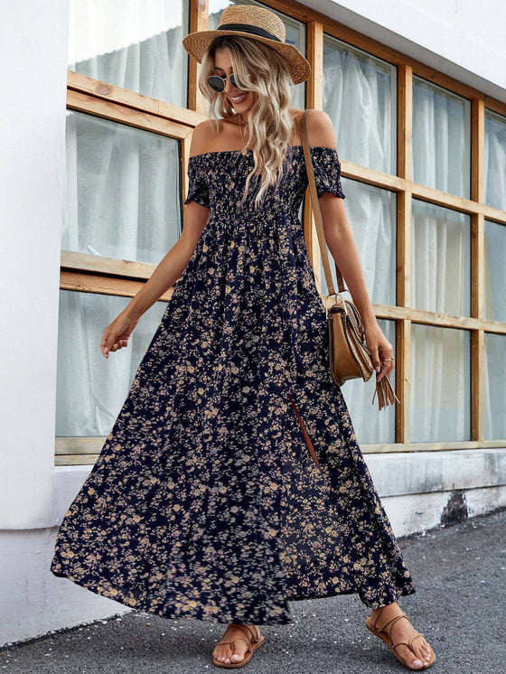 Off Shoulder Ditsy Floral High Split Dress