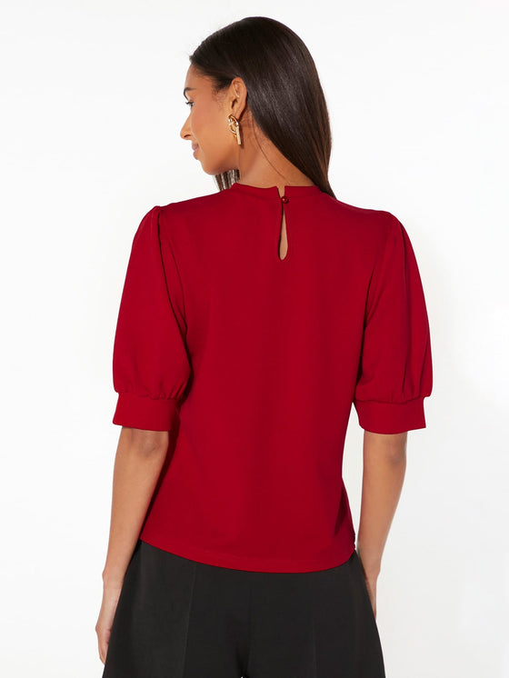 Keyhole Back Mock neck Puff Sleeve Top