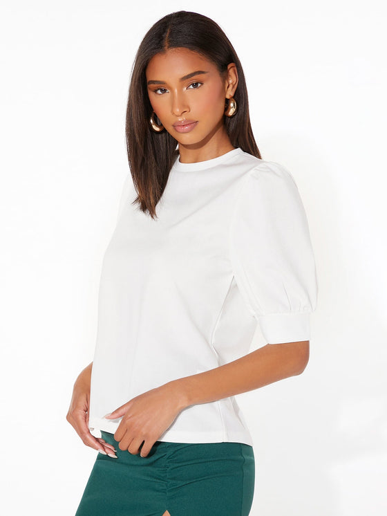 Keyhole Back Mock neck Puff Sleeve Top