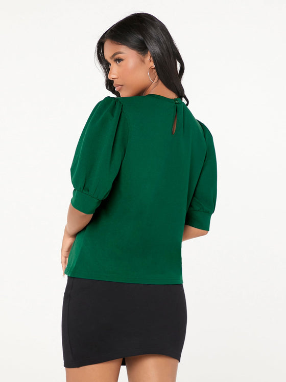 Keyhole Back Mock neck Puff Sleeve Solid Top