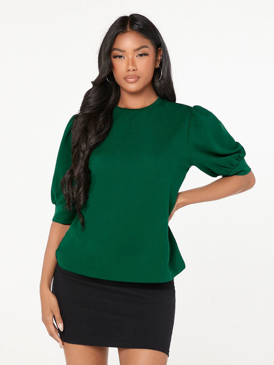 Keyhole Back Mock neck Puff Sleeve Top