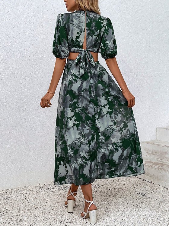 Allover Floral Print Cut Out Puff Sleeve Dress