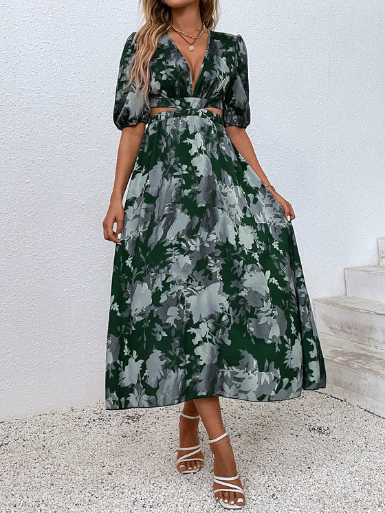 Allover Floral Print Cut Out Puff Sleeve Dress