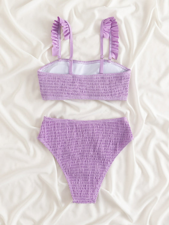 Plain Smocked Frill Trim Bikini Swimsuit