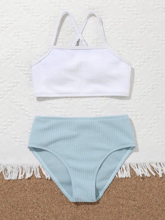 Girls Color Block High Waisted Bikini Swimsuit