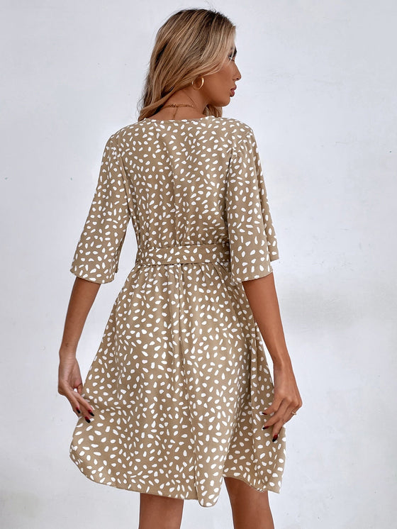 Allover Print Butterfly Sleeve Belted Dress