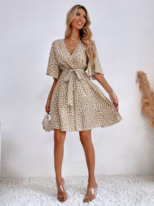  Allover Print Butterfly Sleeve Belted Dress